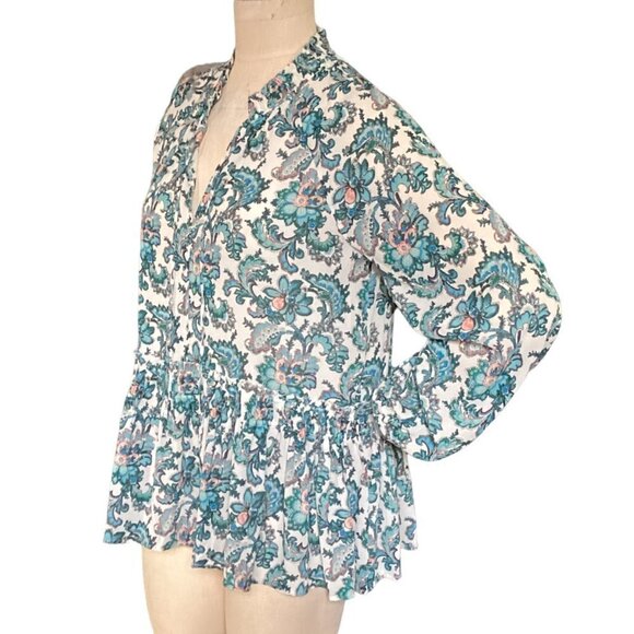 LOFT Sz M BOHO Relaxed Fit Floral Tie Neck Smocked Ruffle Waist Blouse 186E - Picture 4 of 7
